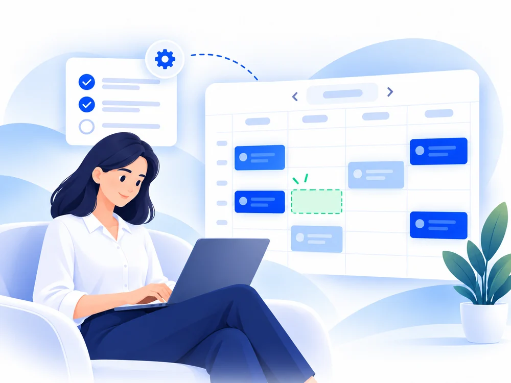 Configuración del asistente junto a una agenda semanal con las citas puestas y un hueco libre señalado
